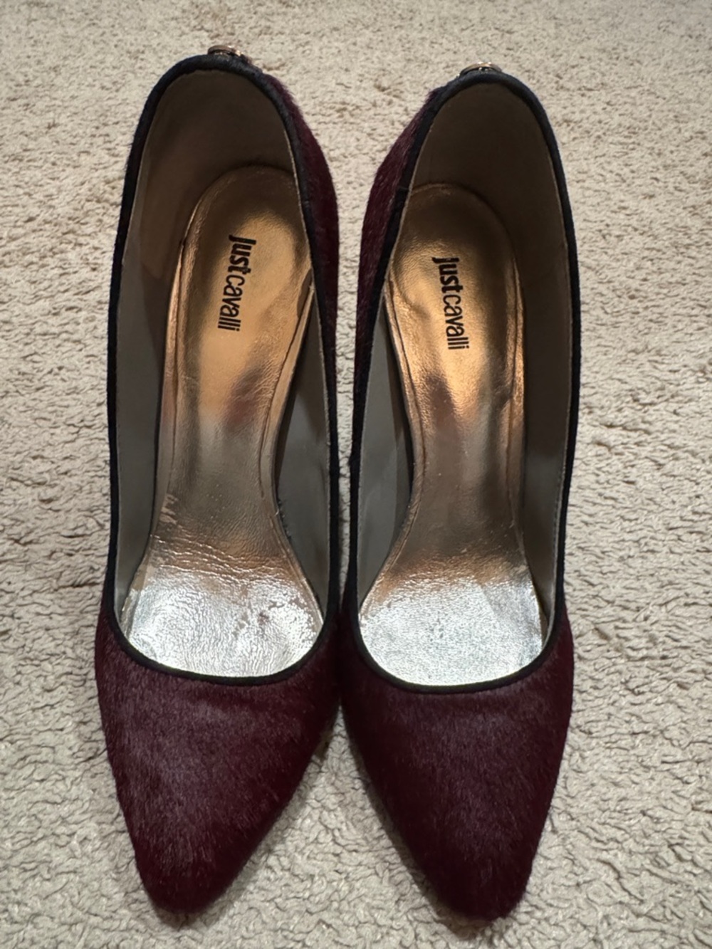 Just Cavalli Burgundy Pointed-Toe Haircalf Pumps